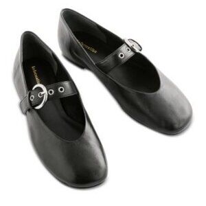Reformation Bethany Black Leather Flats with Silver Buckle